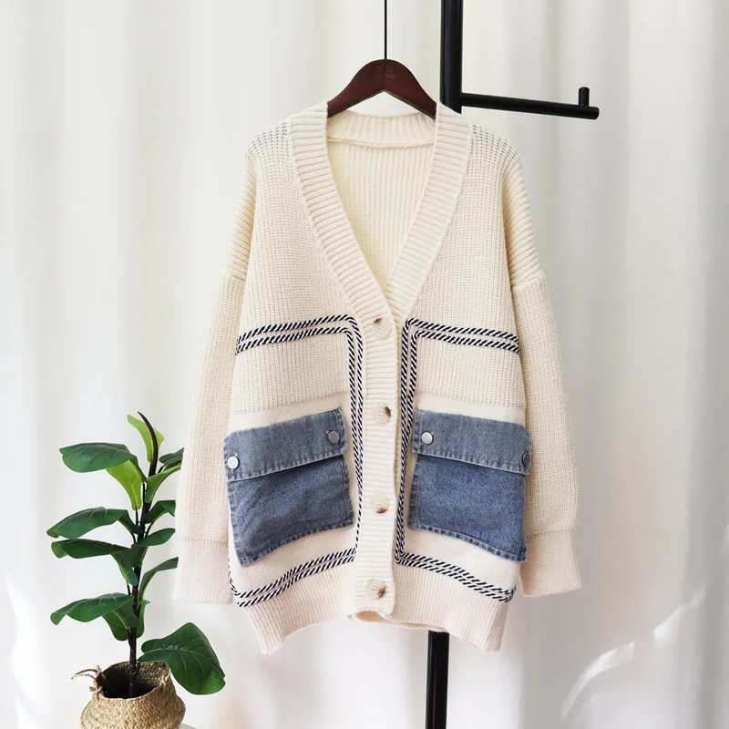 Korean Fashion Denim Patchwork Loose Knitted Cardigan Autumn Winter High Quailty Single Breasted Sweater Jacket Women Clothing
Korean Fashion Denim Patchwork Loose Knitted Cardigan Autumn Winter High Quailty Single Breasted Sweater Jacket Women Clothing