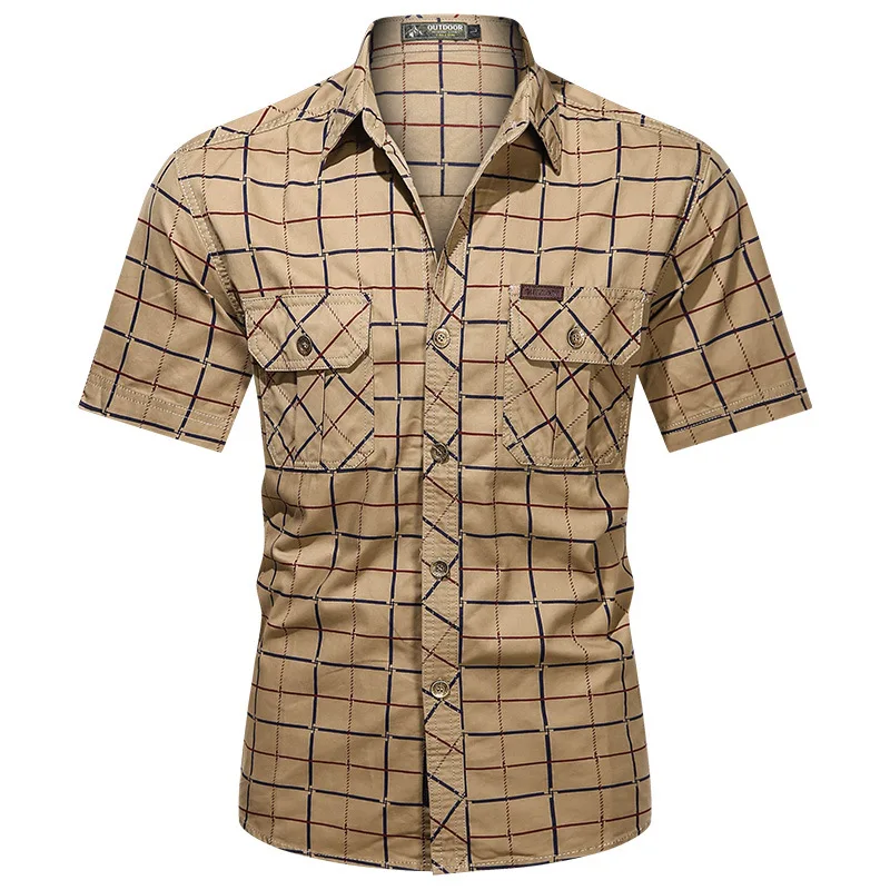 

Summer Cargo Shirt Men Short Sleeve Casual Cotton Shirts High Quality Camisa Militar Overshirt Brand Clothing Plaid Blouses 5XL