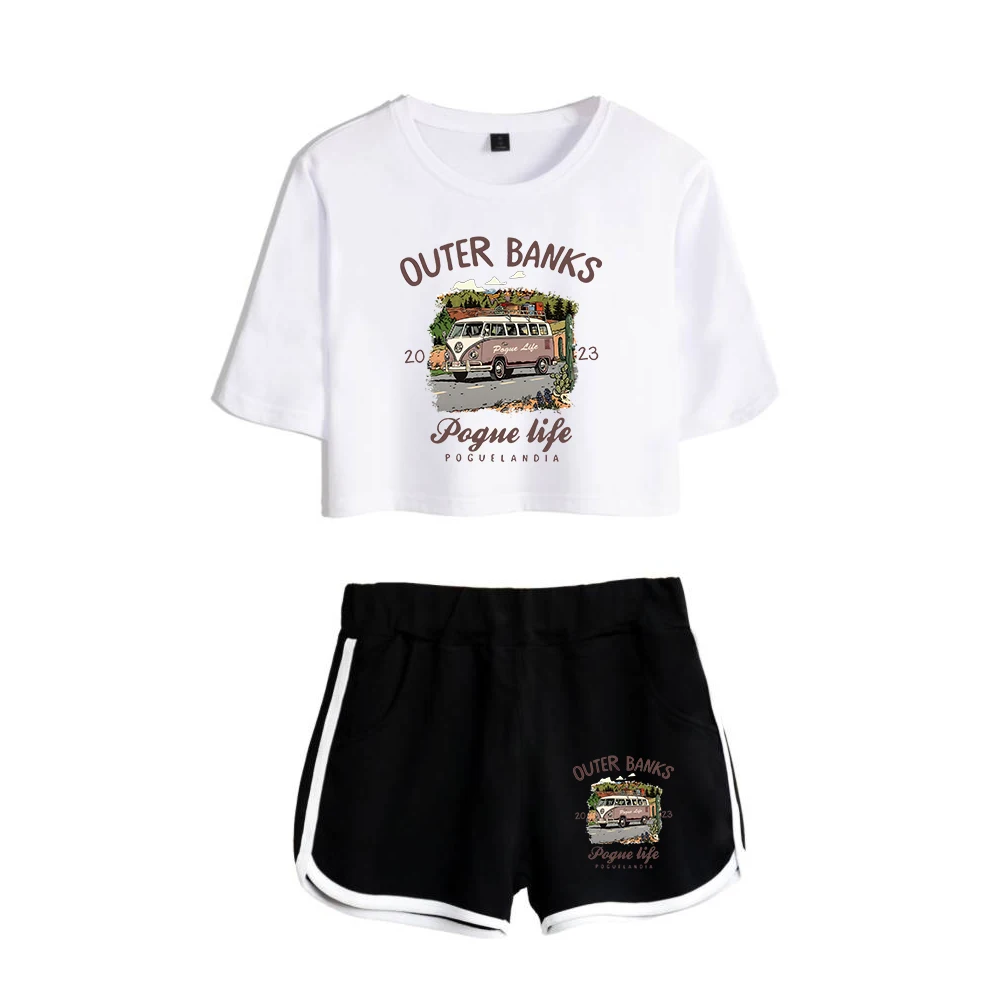 

Outer Banks 2023 Pogue Life Merch Navel Tee Two Piece Set Short Sleeve Cropped Top+Shorts Casual Style Women's Sets