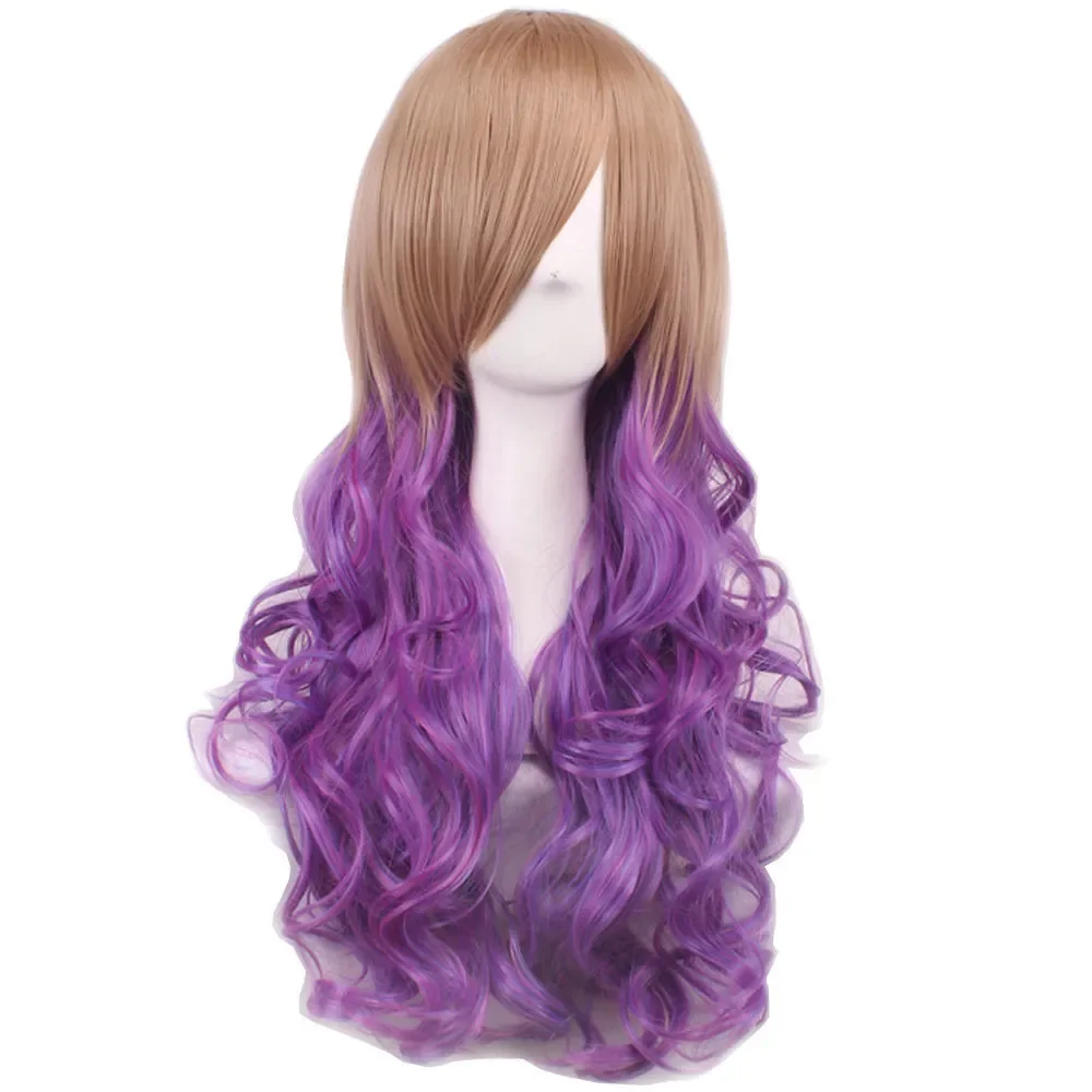 

Женский парик для косплея свободные волнистые крупные вьющиеся длинные волосы для девочек модный парик золотистый + фиолетовый