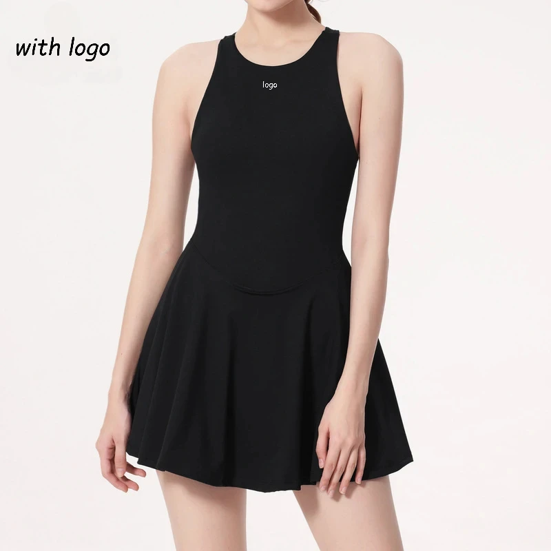 

Yoga Dress Short Skirt Beautifying Back Strappy Back One Piece Dresses Featherball Tennis Athletic Quick Dry Short Workout Skirt