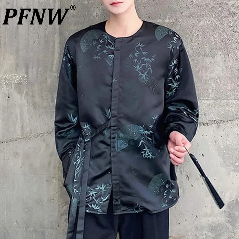 

PFNW Round Collar Male Shirt Casual Printing Lace-up Jacquard Design Men's Shirts New Chinese Style Spring Stylish 2024 9C4573