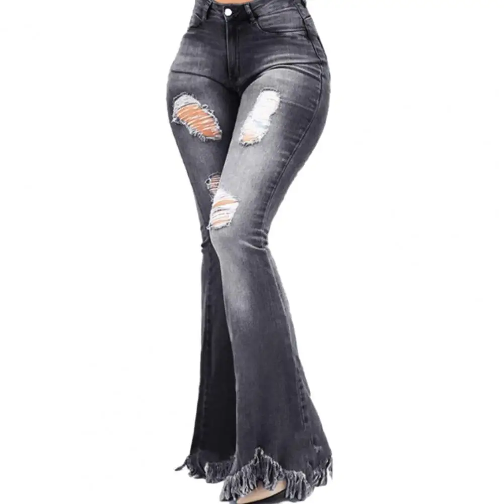 

Женские расклешенные джинсы, стильные женские джинсовые расклешенные брюки с высокой талией, модные рваные джинсы с бахромой и манжетами