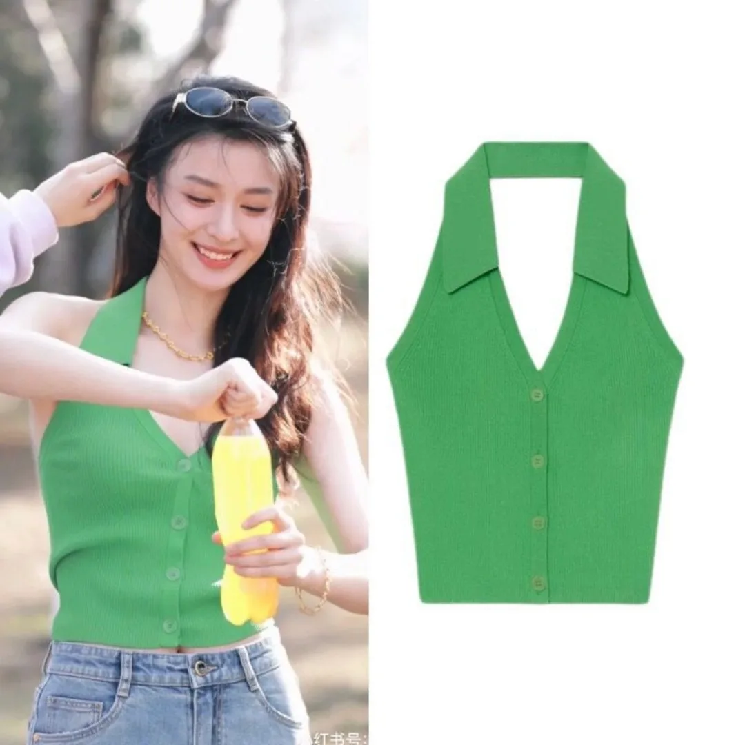 

Green Sling Women Tank Top Sexy Y2k Tops T-shirt Backless Polo Neck Neckline Knitwear Streetwear Korean Chic Women Clothes New