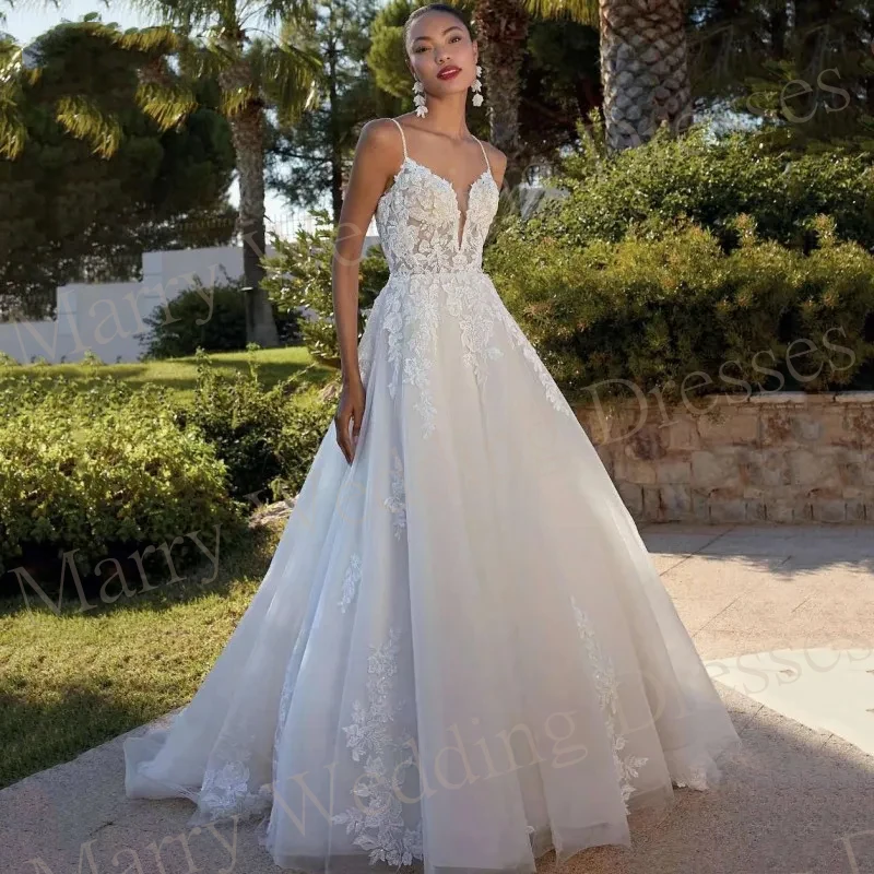 

Elegant Sweetheart A-Line Wedding Dresses Exquisite Lace Applique Tulle Bride Gowns Spaghetti Straps Backless Vestidos De Novia