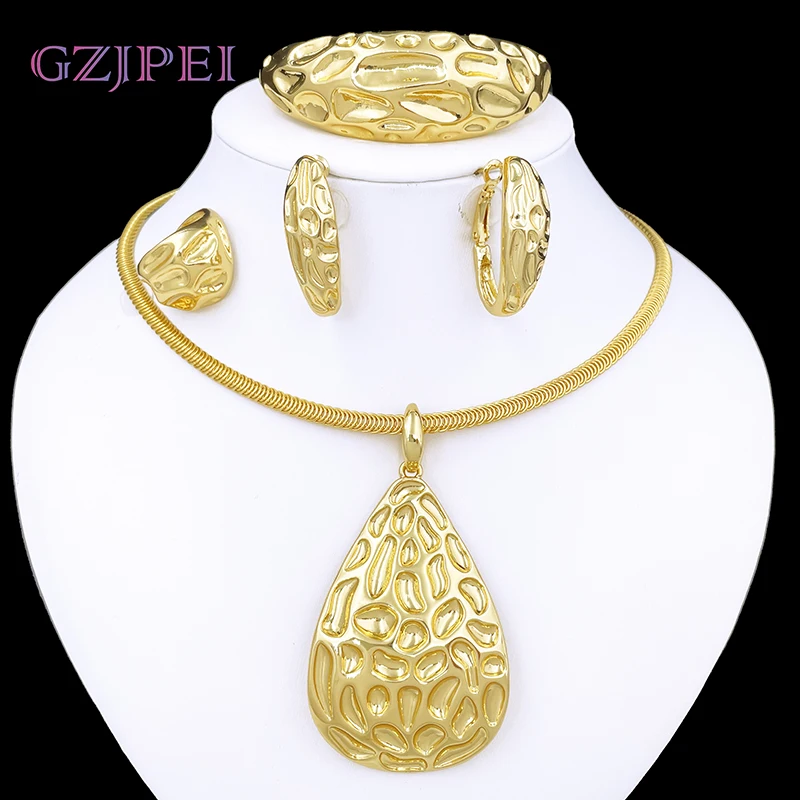 Dubai Gold Color Jewelry Set For Women Luxury 18K Gold Plated Nigeria Jewelry Full Set Necklace Earring Ring Bracelet Trendy
Dubai Gold Color Jewelry Set For Women Luxury 18K Gold Plated Nigeria Jewelry Full Set Necklace Earring Ring Bracelet Trendy