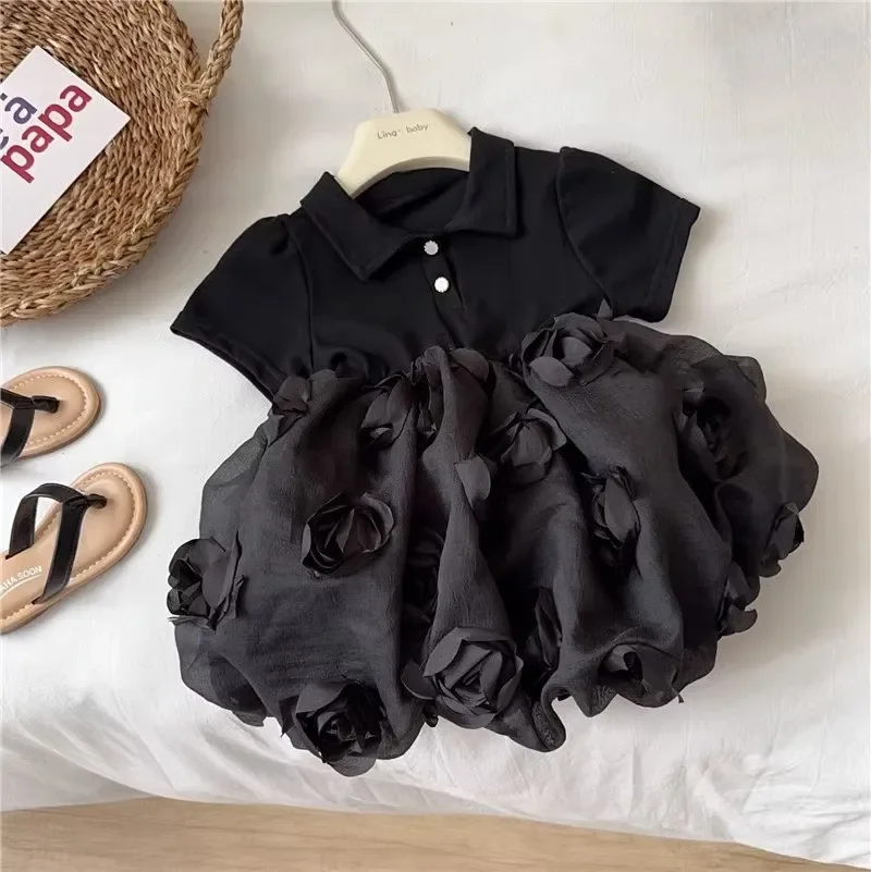 

Baby Girls' Summer New Dress Fashionable British Style Black Solid Color Flower Fluffy Tutu Dress Cute Ball Gown Princess Dress