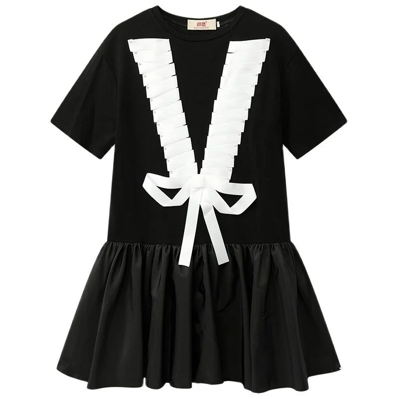 2023 Women's Black Dress Round Neck Bow-Knot Patchwork Ruffle Short Sleeve High Waist Casual Fashion Baggy Short Skirt Ladies Su
2023 Women's Black Dress Round Neck Bow-Knot Patchwork Ruffle Short Sleeve High Waist Casual Fashion Baggy Short Skirt Ladies Su