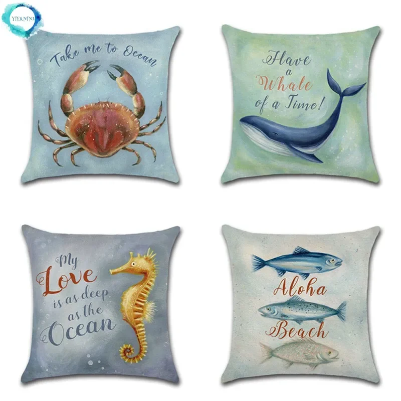

Marine Ocean Animal Sea Horse Print Cotton Linen Cushion Cover Crab Whale Fish Pillowcase Home Sofa Room Decorative 45x45cm