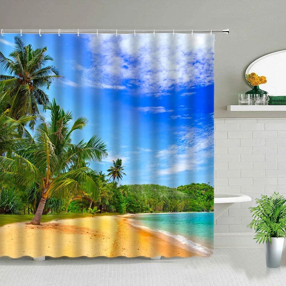 

Sunny Beach Palm Tree Printed Fabric Shower Curtains Sea Ocean Scenery Bath Screen Waterproof Products Bathroom Decor With Hooks