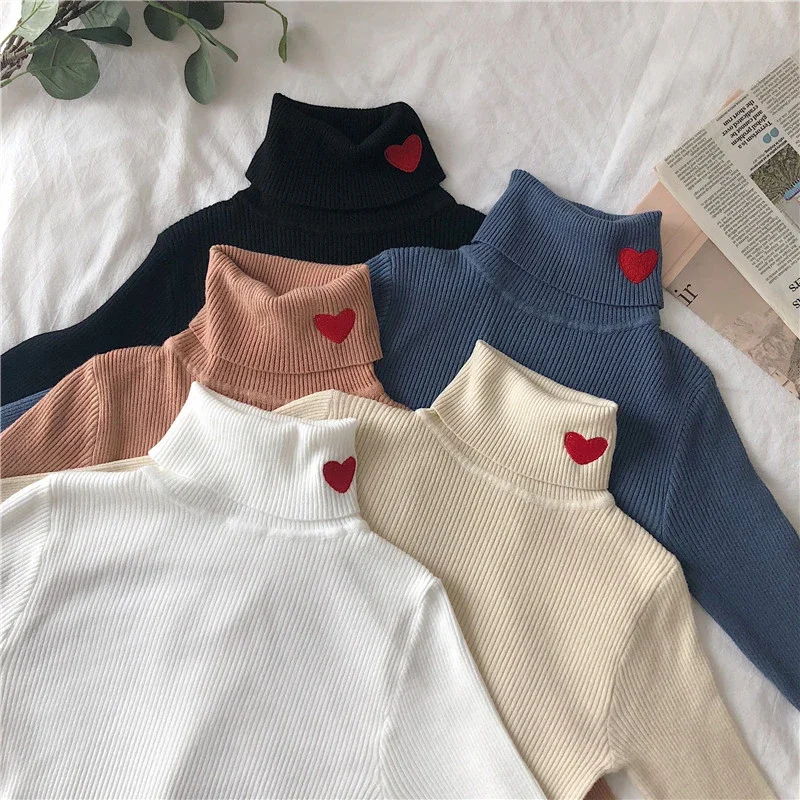 

2024 Knitted Women Sweater Ribbed Pullovers Heart Embroidery Turtleneck Autumn Winter Basic Women Sweaters Fit Soft Warm Tops