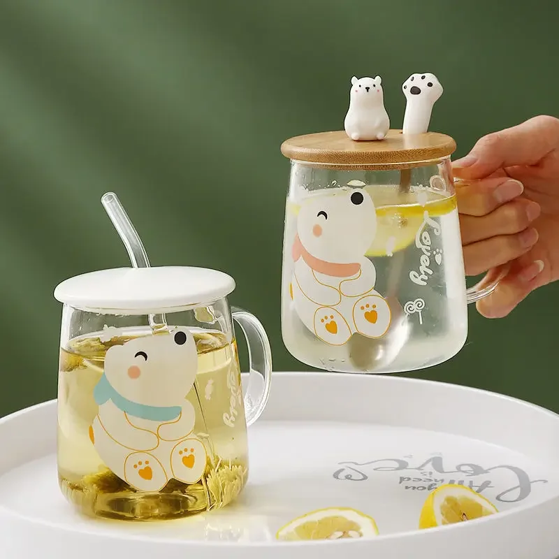 

Оригинальная кружка с мультяшным медведем и ложкой с крышкой, термостойкая стеклянная чашка для кофе, чашка для чая, рождественский подарок, посуда для напитков, чашки для завтрака