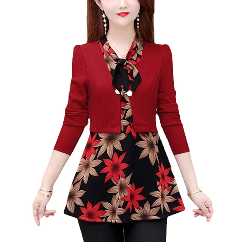 

2024 Women Elegant Office Lady Retro Vintage Loose Peplum Bow Tie Top Flower Floral Print Tunic Long Shirt Basic Blouse LJ231