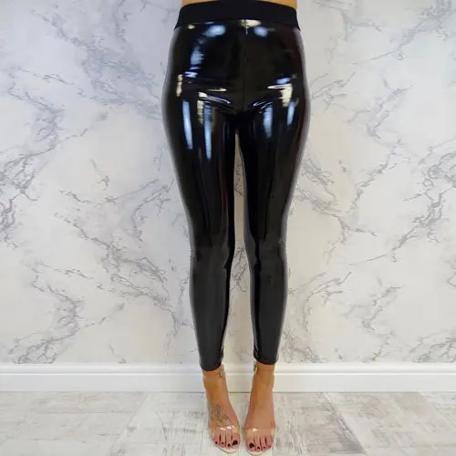 

Женские черные леггинсы с эффектом пуш-ап, эластичные облегающие брюки из искусственной кожи с высокой талией, блестящие латексные леггинсы с металлическим блеском до щиколотки