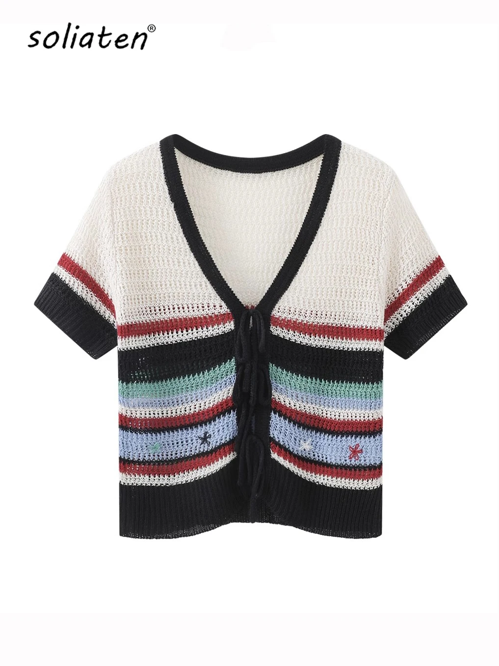 Designers Top For Women 2024 Summer Striped Lace Up Bow Shirt Lady Casual Short Sleeve V Neck Hollow Out Knitwear Cardigan B-046
Designers Top For Women 2024 Summer Striped Lace Up Bow Shirt Lady Casual Short Sleeve V Neck Hollow Out Knitwear Cardigan B-046