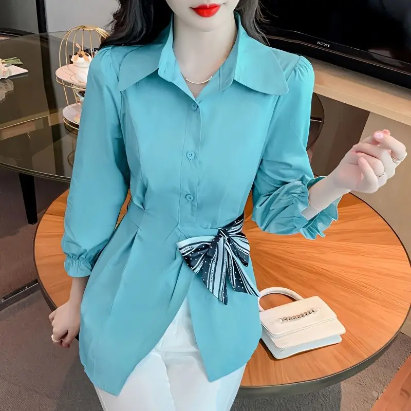 

Elegant Lapel Folds Bandage Bow Puff Sleeve Shirts Women's Clothing 2024 Spring Summer New Loose Korean Tops Office Lady Blouses