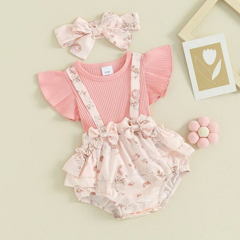 

Newborn Baby Girl Bodysuit Summer Clothes Rib Knit Patchwork Floral Fly Sleeve Ruffles Jumpsuits with Headband Baby Clothing