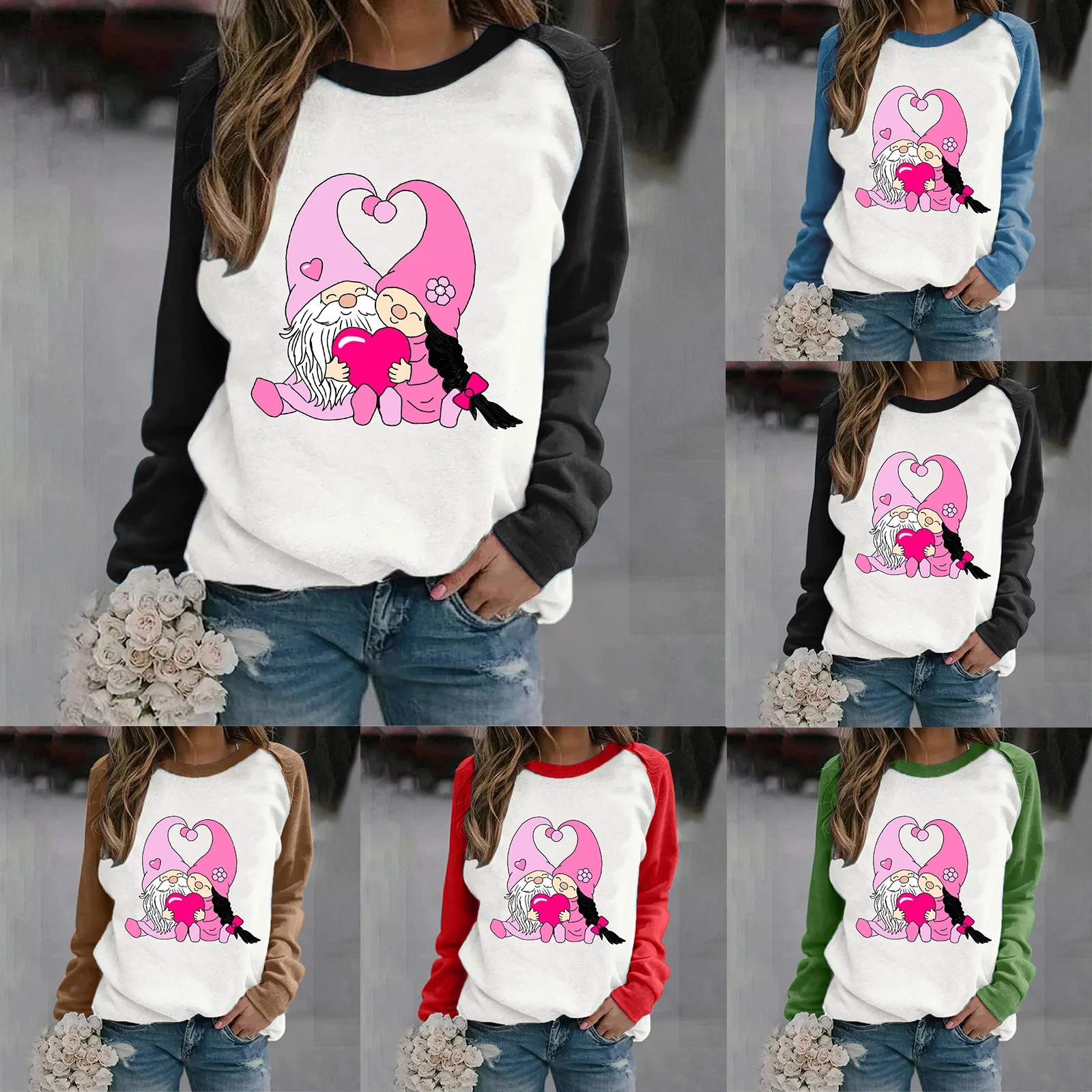 

Color Hoodie Women's Valentine's Day Fun Print Raglan Sleeves Round Neck Hatless Casual Hoodie Top2 Womens Warm Sweater Tops