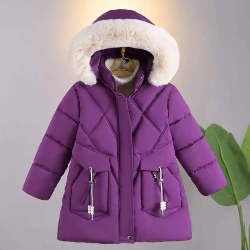 

Новое хлопковое пальто для девочек, детская зимняя куртка, утепленное Детское пальто средней длины с большим меховым воротником, теплое пуховое хлопковое плюшевое пальто