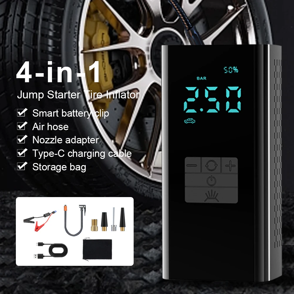 4 IN 1 Car Jump Starter Power Bank 1000A Portable Air Compressor 8400mAh Battery Charger Auto Emergency Booster Starting Device
4 IN 1 Car Jump Starter Power Bank 1000A Portable Air Compressor 8400mAh Battery Charger Auto Emergency Booster Starting Device