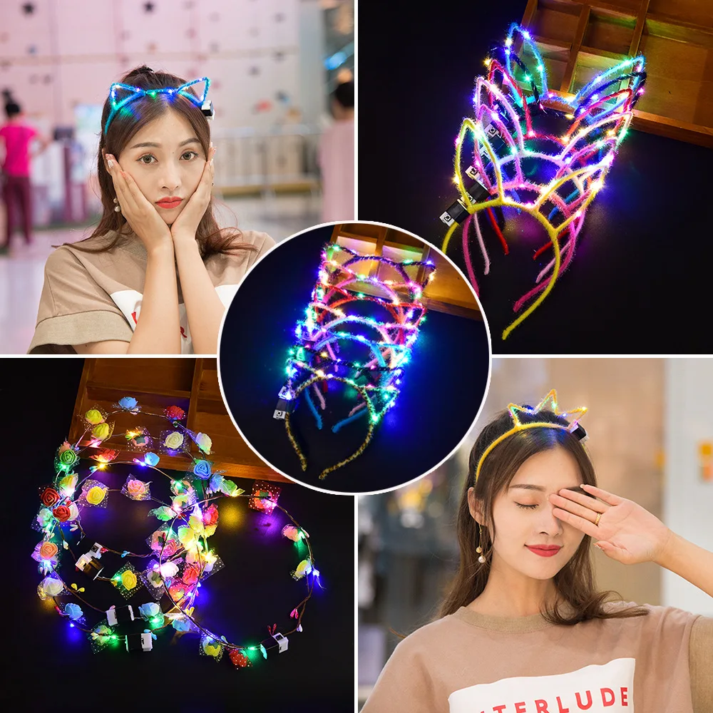 

10pcs Luminous LED Headband Tiara Crown Cat Ears Rabbit Wreath for Girls Women Children Gift Christmas Decoration