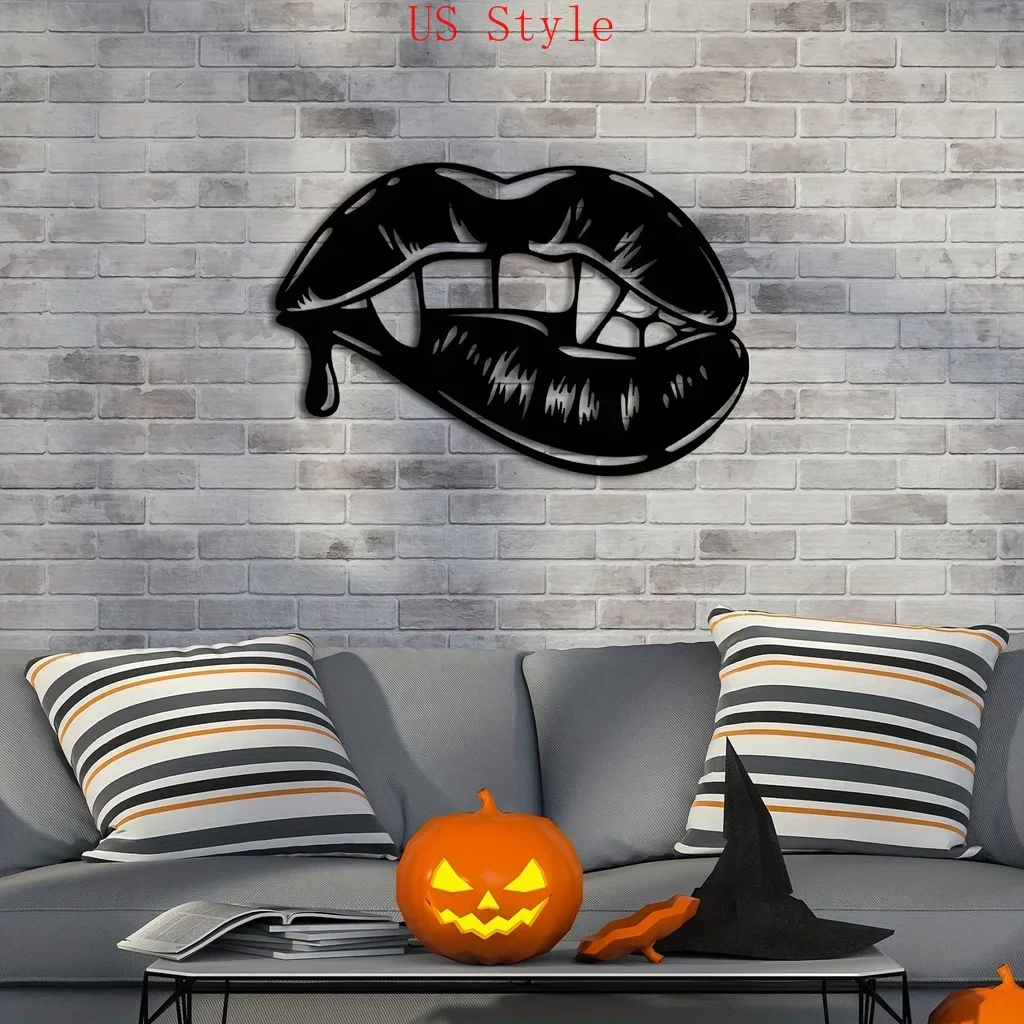 

1pc Halloween Vampire Lips Blood Dripping Home Decoration Black Metal Pendant Wall Hanging Decor Room Decoration Background Iron