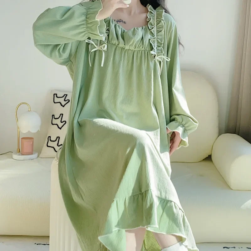 

Womens Nightdress Cotton Sweet Long Sleeve Nightgown Sleepshirt Spring Night Dress Elegant Nightwear Home Dressing Gown Pajamas