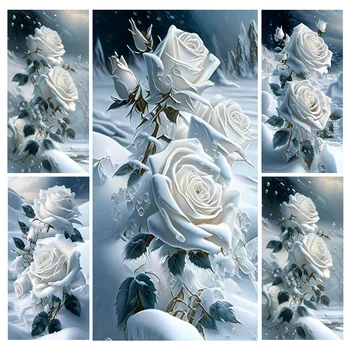 FULLCANG 대형 다이아몬드 페인팅 겨울 화이트 로즈 5D DIY 풀 모자이크 자수 눈 꽃 그림 벽 장식 FG2090