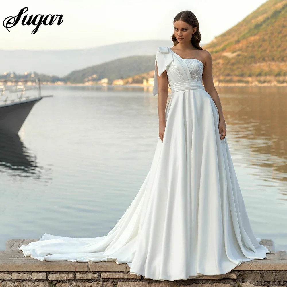 Chic A-Line Satin Wedding Dresses One-Shoulder Beading Bridal Gowns Zipper Back Beach Brides Dress Custom Made Robes de mariée
Chic A-Line Satin Wedding Dresses One-Shoulder Beading Bridal Gowns Zipper Back Beach Brides Dress Custom Made Robes de mariée