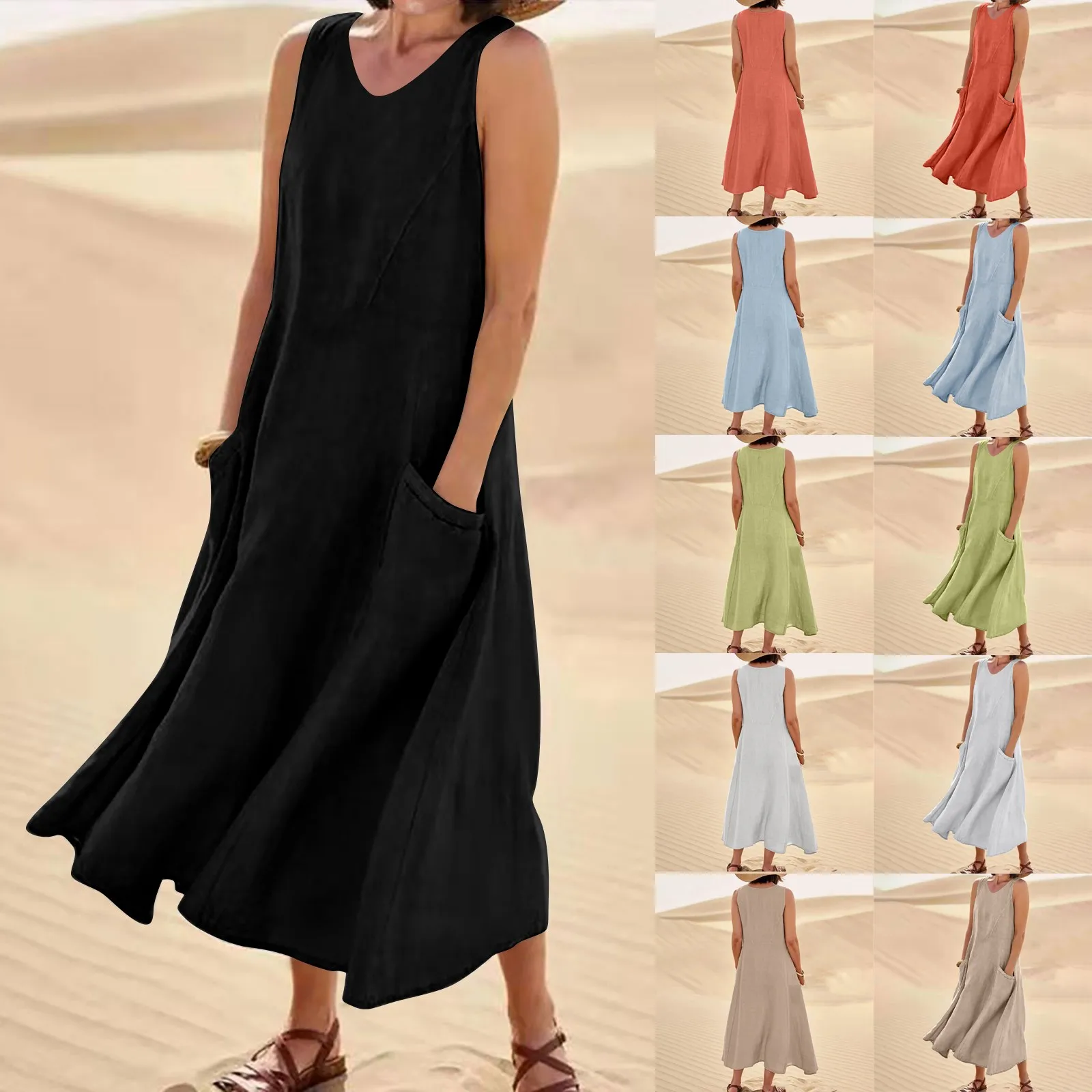 

Women's Fashion Casual Solid Colour Sleeveless Dress V-Neck Cotton Linen Pocket Dress Slim-Type Versatile Dresses فساتين طويلة