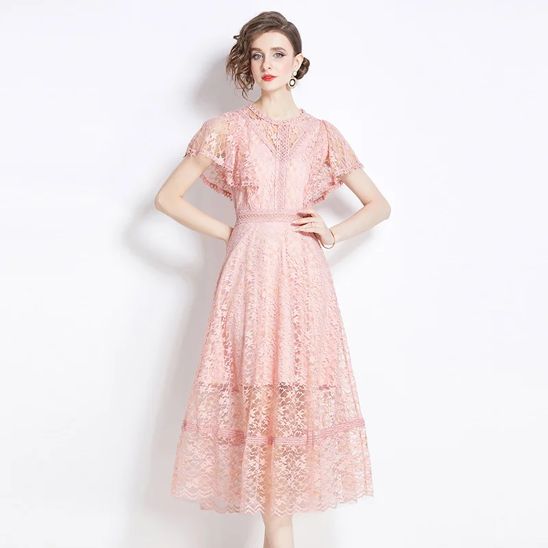

Элегантное милое летнее розовое кружевное платье, французское винтажное модное женское платье миди с круглым вырезом и оборками на рукавах, с вырезами и тонкой талией