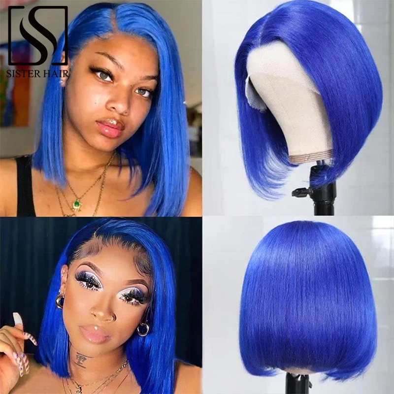 

14 Iinch Straight Blue Bob Wig With 13X4 Lace Frontal 180% Density Human Hair Pre Plucked With Baby Hair Hd Lace Frontal Bob wig