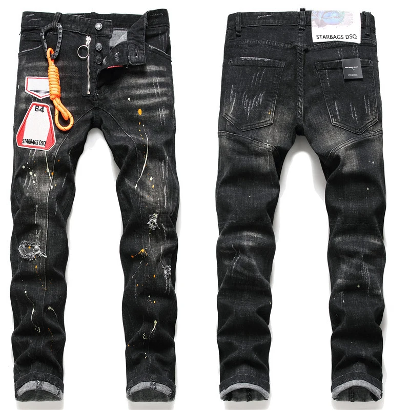 

starbags dsq 1062 Jeans men's tatters splash paint men's slim ripped badge Stretch jeans retro high-end men's pants