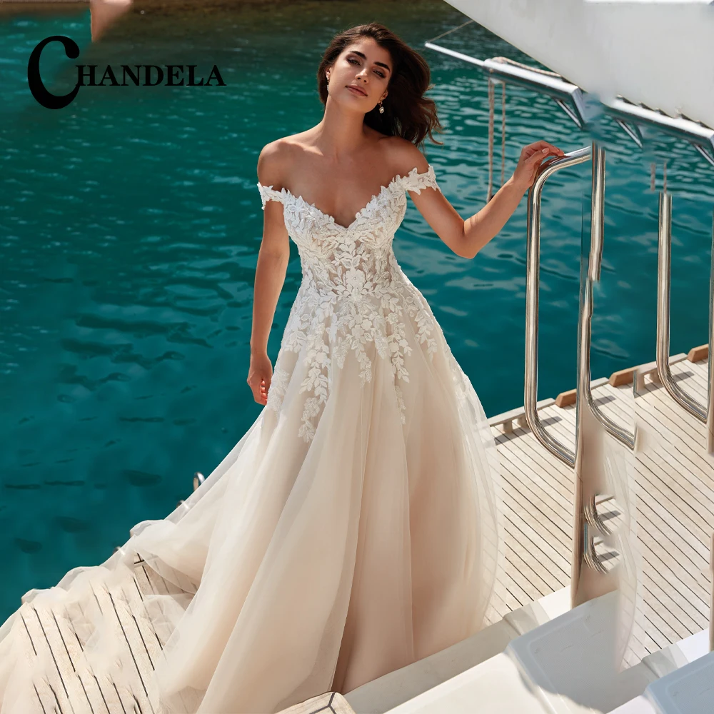 

CHANDELA Delicate Sweetheart Wedding Dresses Off The Shoulder A Line Appliques Lace Tulle Court Train Abito Da Sposa Customised