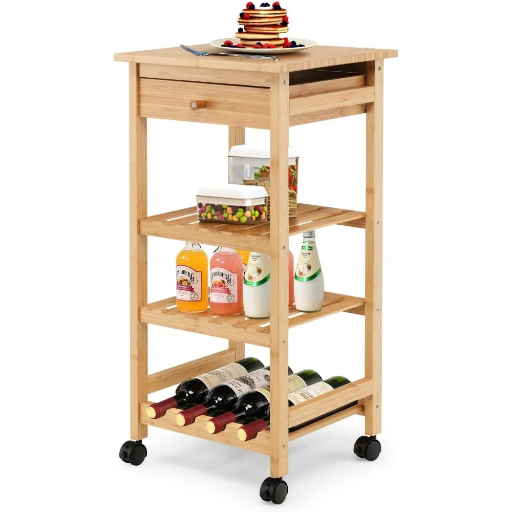Kitchen Island on Wheels, Rolling Bamboo Kitchen Trolley with Drawer, 2 Open Storage Shelves, Wine Rack, 4 Lockable Casters
Kitchen Island on Wheels, Rolling Bamboo Kitchen Trolley with Drawer, 2 Open Storage Shelves, Wine Rack, 4 Lockable Casters