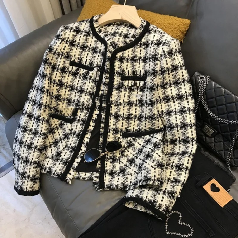 

Spring Autumn 2022 New Round Neck Coarse Tassel Raw Edge Square Checked Tweed Coat Jacket