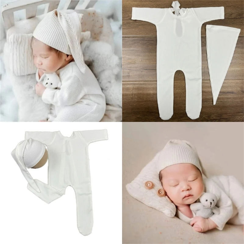 

Baby Photo Clothing Jumpsuit & Turban Hat Long Sleeve Footed Romper Newborns Shower Party Posing Props Bodysuit