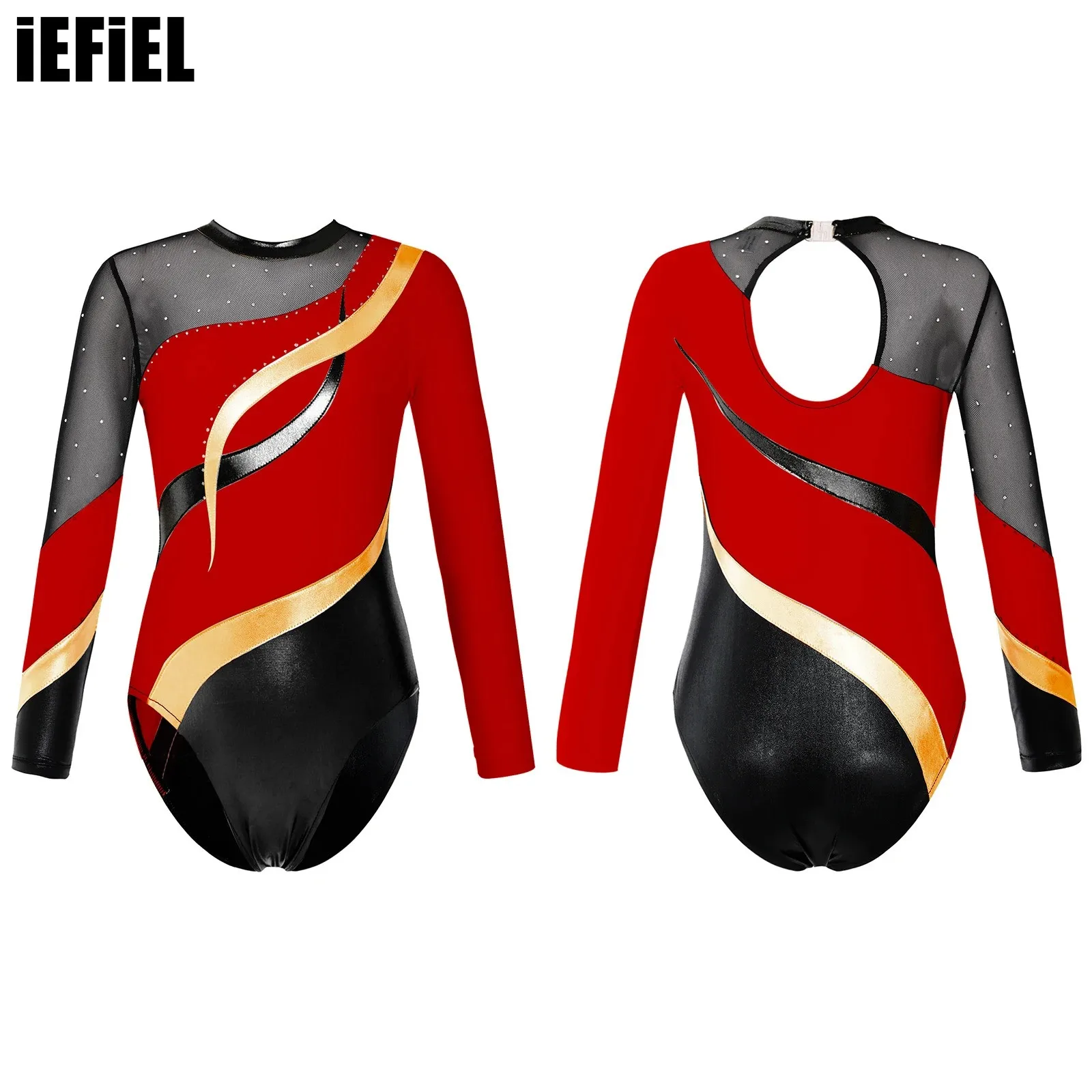 

Kids Girls Bronzing Dance Leotards Patchwork Style Long Sleeve Round Neckline Cloth Hollow Back Shiny Rhinestone Decorated