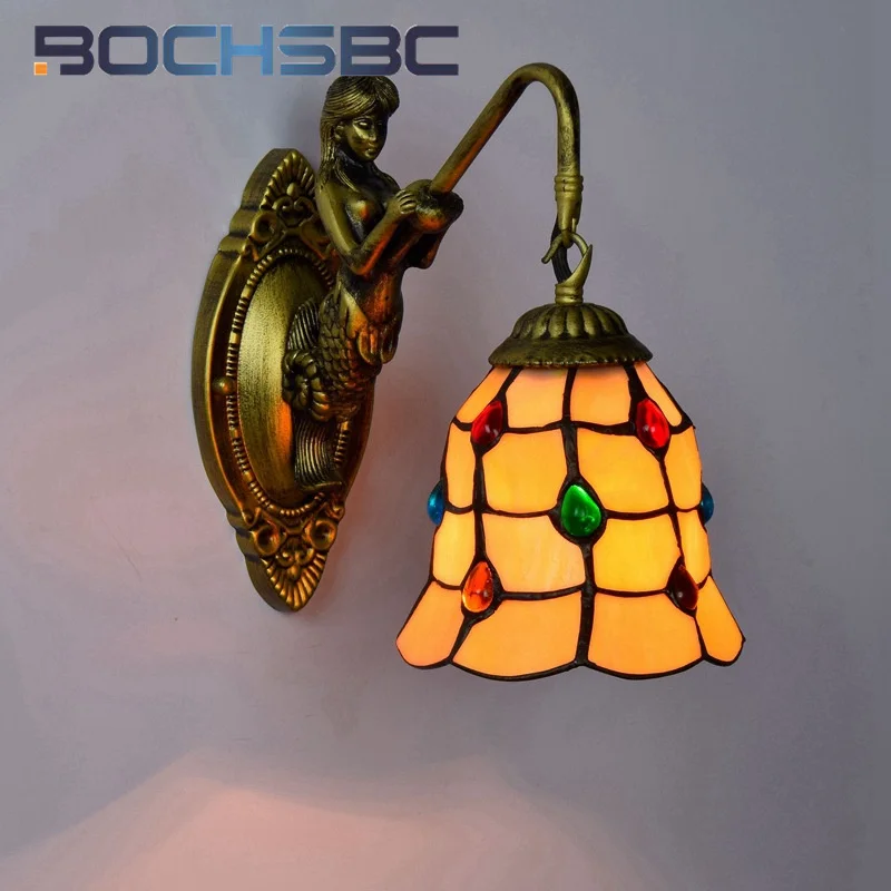 

BOCHSBC Tiffany style stained glass colored beads Mermaid sconce light Restaurant Bedroom bar aisle balcony wall lamp LED decor