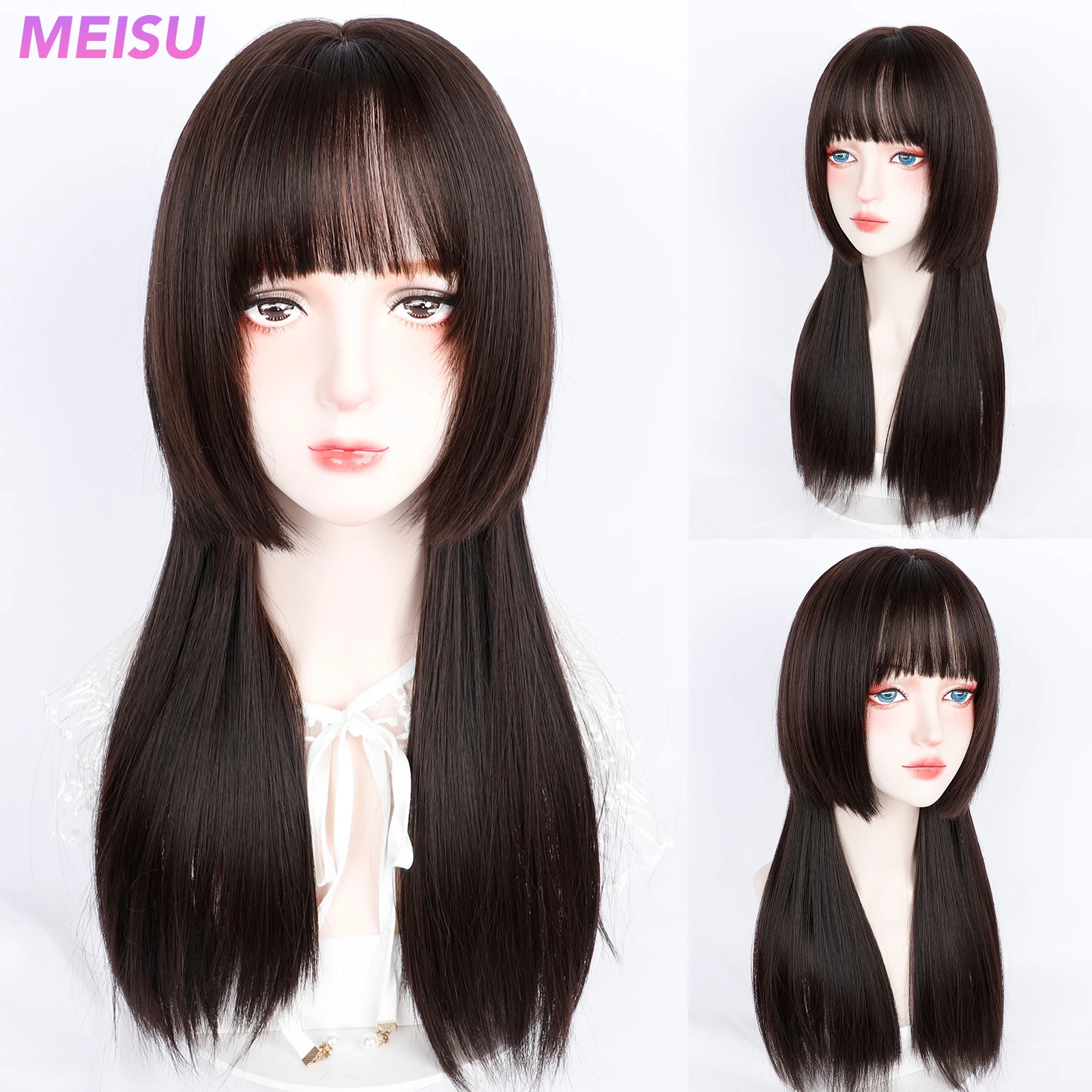 

MEISU 24 Inch Long Straight Bangs Wig Fiber Synthetic Wig Heat-resistant Non-Glare Natural Cosplay Hairpiece For Women Daily Use