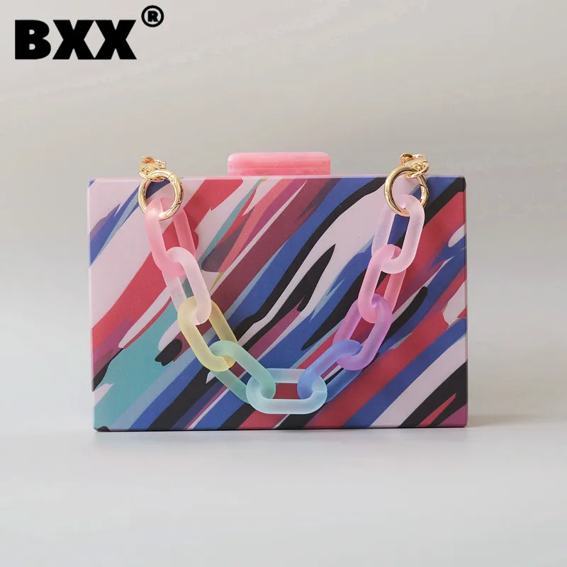 

[BXX] Contrast Color Women's Acrylic Clutch Bag 2023 New Fashion Chic Chain One Shoulder Crossbody Bag Female Handbag 8CY1195