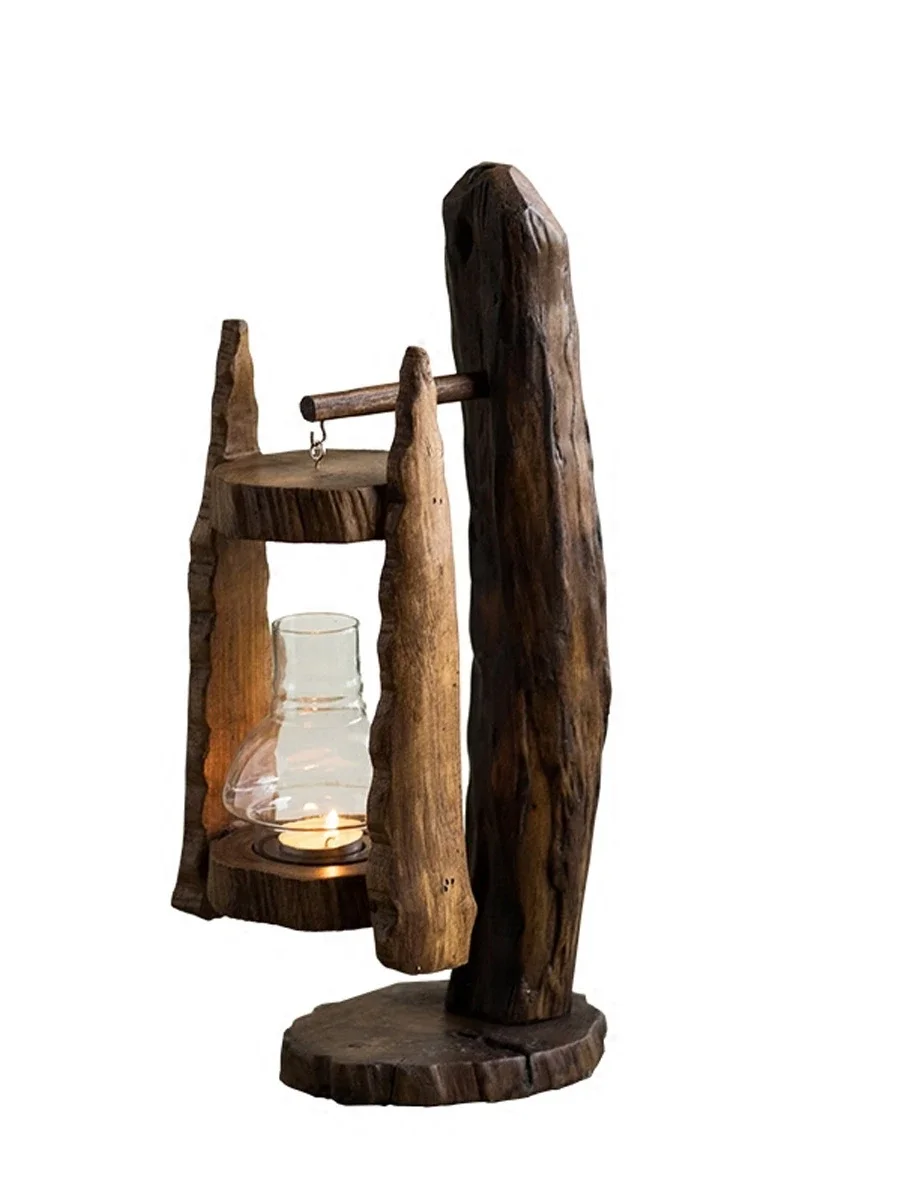 

Wood Candlestick Storm Light Retro Southeast Asian Glass Cover Candle Holder Outdoor Windproof Barn Lantern Creative Ornaments