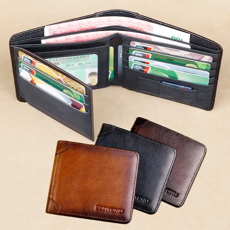 

Vintage Men's Wallet Genuine Leather Trifold Bifold RFID Blocking Card Holder Short Money Wallets Slim Quality Purse for Male