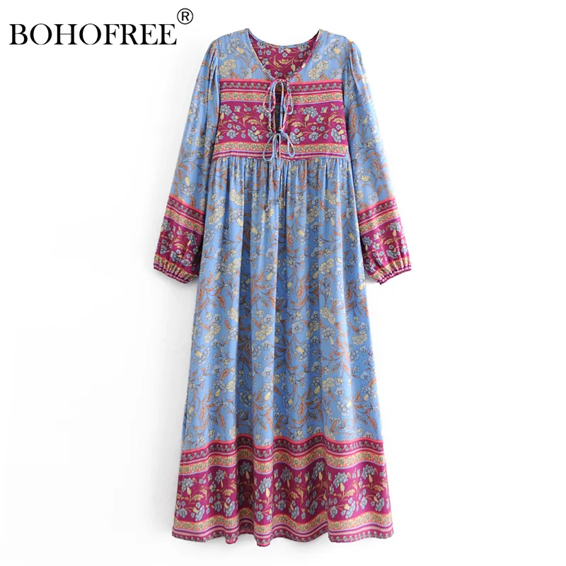 

Boho Vintage women long sleeve ethnic Floral print beach Bohemian v-neck Maxi dress Ladies rayon cotton Summer sundress