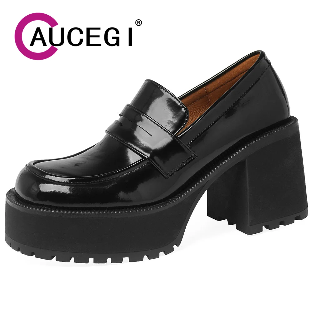

Aucegi Genuine Leather Platform Thick Sole Loafers British College Style Round Toe Single Shoe Women Luxury Designer Brand Pumps