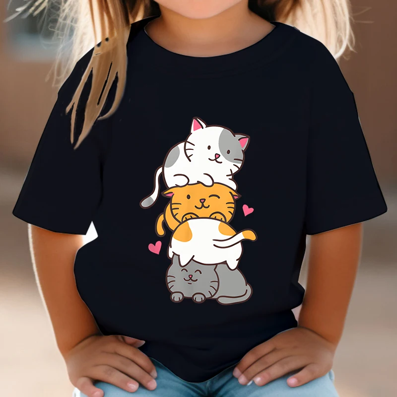 

Cute Cat Graphic Print Crew Neck T-Shirt Kids Summer Casual Short Sleeve Tee Cartoon Animal Boys Girls Kawaii Kitten Tops Tshirt