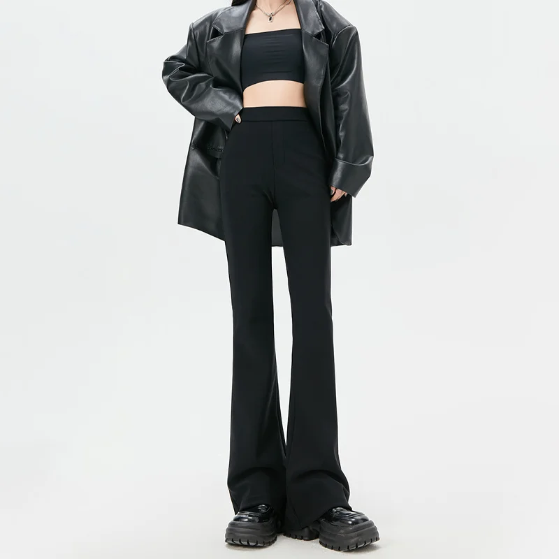 

Брюки-клеш Женские с высокой талией, черные эластичные модные брюки с разрезом, приталенные, в Корейском стиле, на весну-осень
