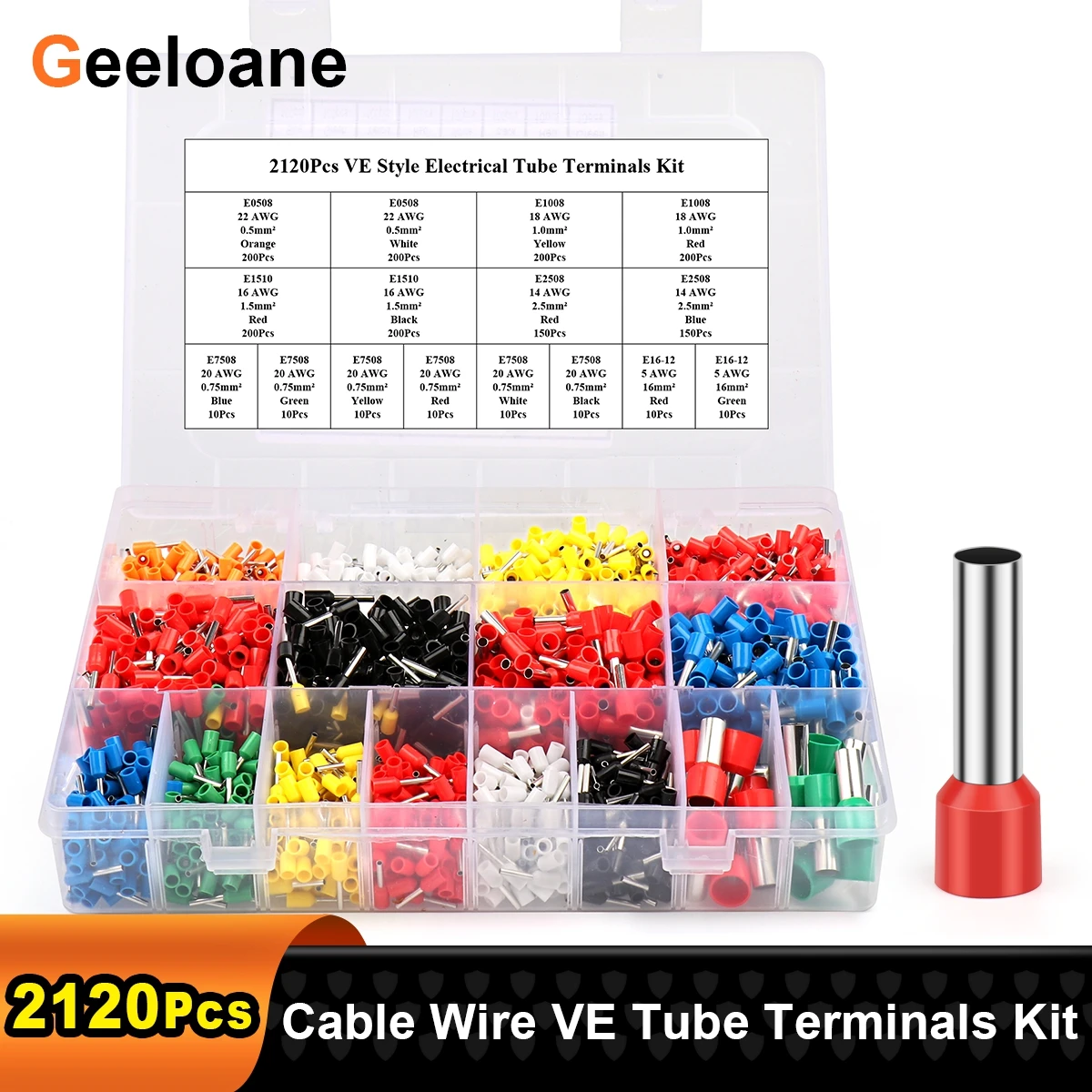 2120Pcs Cable Wire VE Style Connector Electrical Tube Kit Terminals Pre-Insulated Crimping Sleeve Terminal Suit Assorstment Kit
2120Pcs Cable Wire VE Style Connector Electrical Tube Kit Terminals Pre-Insulated Crimping Sleeve Terminal Suit Assorstment Kit