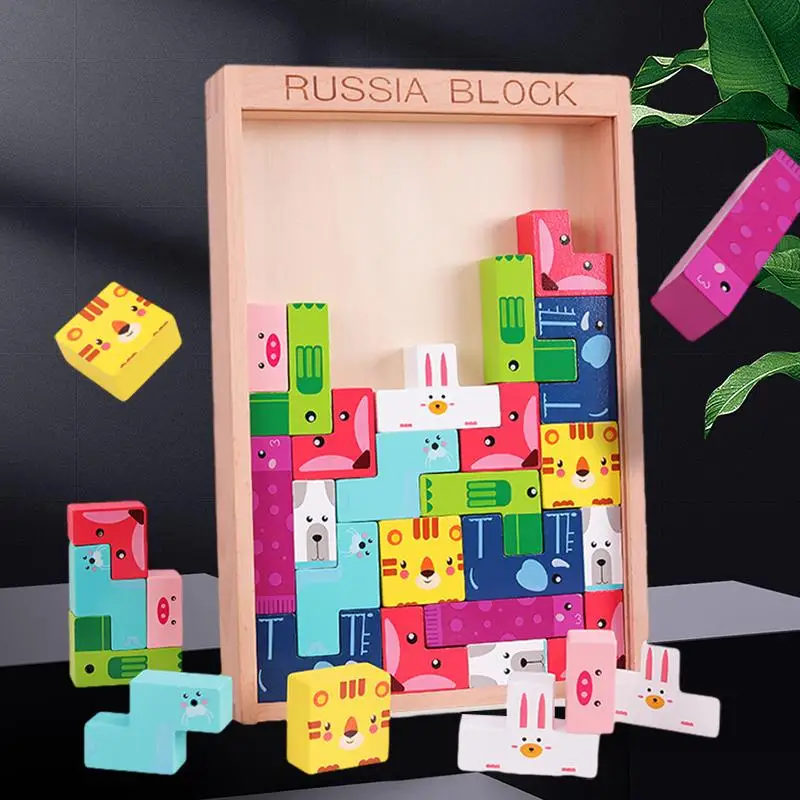 

Wooden Tetris Puzzle Box with Animal Shapes Baby Educational and Interactive Building Blocks Toy for Parent Child Play