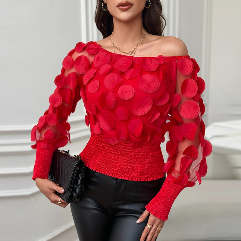 

Women Sexy Splicing Flower Office Blouses 2024 Spring Slash Neck Mesh Lace Top Pullover New Autumn Puff Long Sleeve Loose Shirts